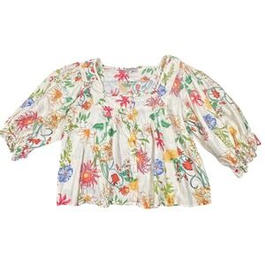 Laura Ashley Shirt Womens Large Floral Linen Blend Peasant Boho Top Blouse